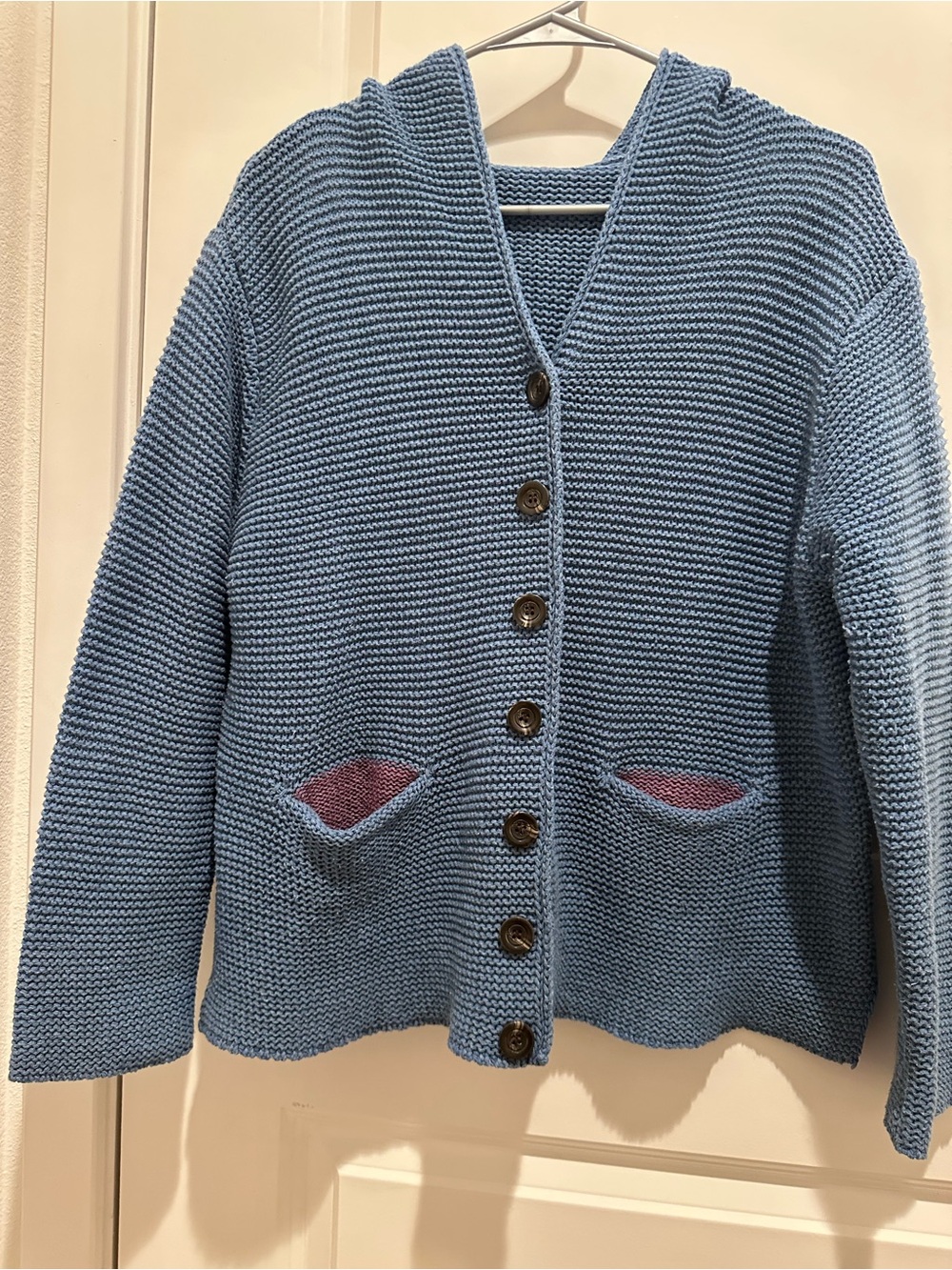 MISSLOOK Light Blue Hooded Button-Front Cardigan with Pink Pocket Accents